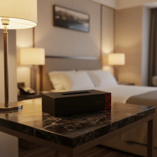 A premium black leather rectangular tissue box cover with an orange textured accent on a dark marble nightstand under a warm lamp.