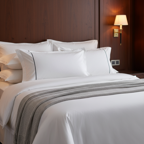 A luxury white hotel bed featuring bold charcoal grey triple bourdon stitch embroidery on the duvet and shams against a modern panel wall.