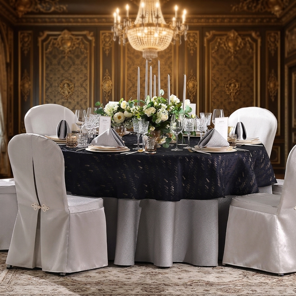 Luxury Black Round Jacquard Tablecloth | Floral Pattern | Elegant Wedding & Banquet Table Linen - Image 2
