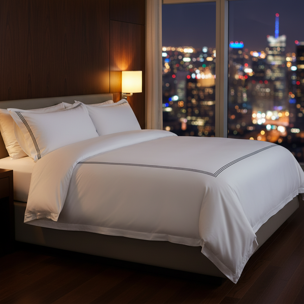 Metropolitan Triple-Stripe Hotel Bedding Collection – Luxury White Cotton Duvet Set with Charcoal Grey Embroidered Borders for High-End Urban Guest Suites - Image 2