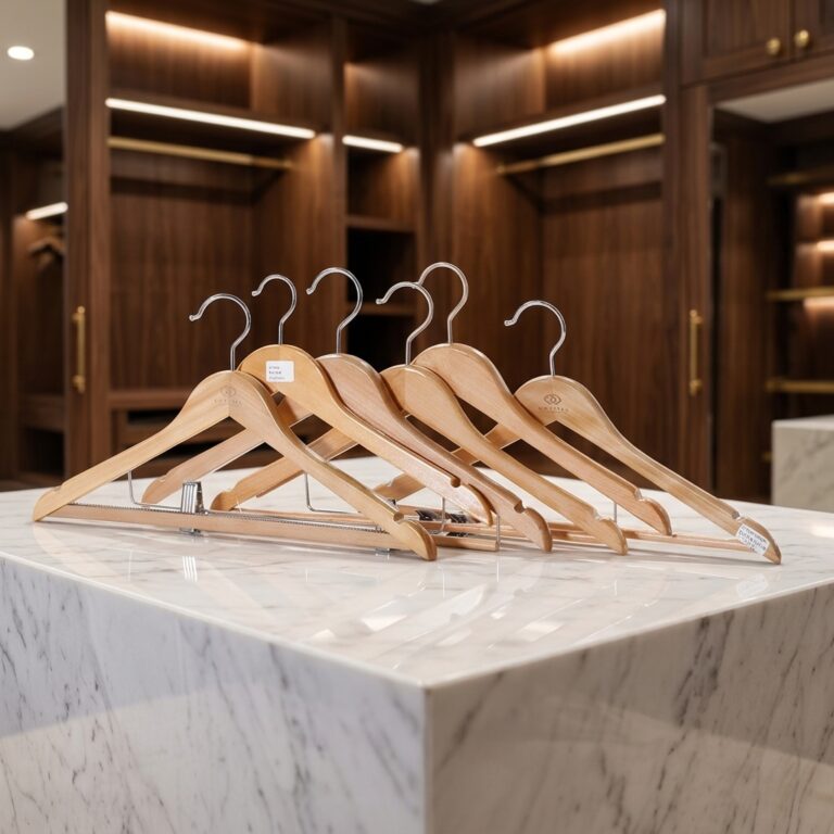 A row of premium solid wood hotel clothing hangers arranged on a white marble island in a luxury walk-in wardrobe.