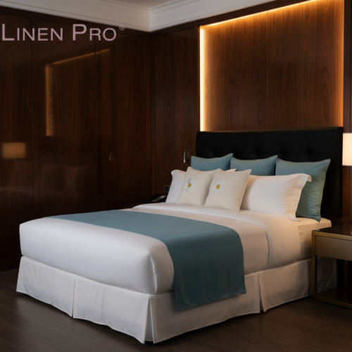 A luxury hotel bed featuring white linens, a slate blue bed runner, matching blue back pillows, and two cream cushions with yellow floral embroidery.