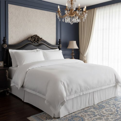 Luxury white satin stripe hotel duvet cover set with matching bed skirt and pillow cases styled on a king bed with ornate dark wood headboard in a classic navy blue hotel bedroom