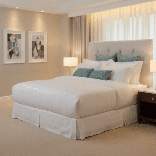 A luxury hotel bed with white linens, a white bed skirt, and four teal paisley decorative pillows in a warm, modern room.