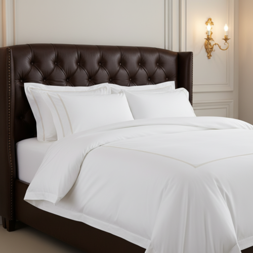 A luxury white hotel bed featuring a warm gold triple bourdon stitch embroidery border on the pillows and duvet against a tufted chocolate brown leather headboard.