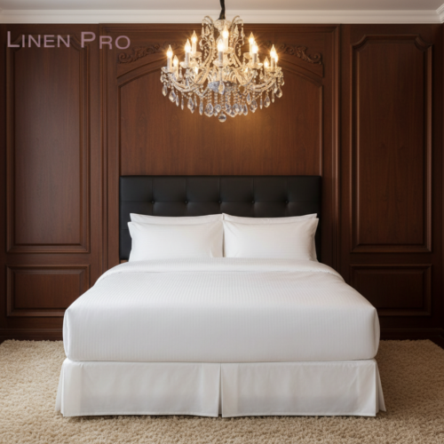 A luxury white micro-striped hotel bed with a matching white bed skirt beneath a grand crystal chandelier in a walnut wood-paneled room.