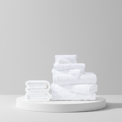 Complete 8-piece luxury white hotel towel set including bath towels, hand towels, face towels and guest towels neatly stacked and displayed on a white circular podium against a light gray background