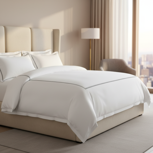 A luxury hotel bed featuring white linens with charcoal grey double bourdon stitch embroidery against a beige panel headboard.