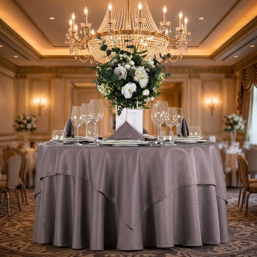 Luxury Round Jacquard Tablecloth | Layered Mauve Gray | Elegant Banquet & Wedding Table Linen - Image 2