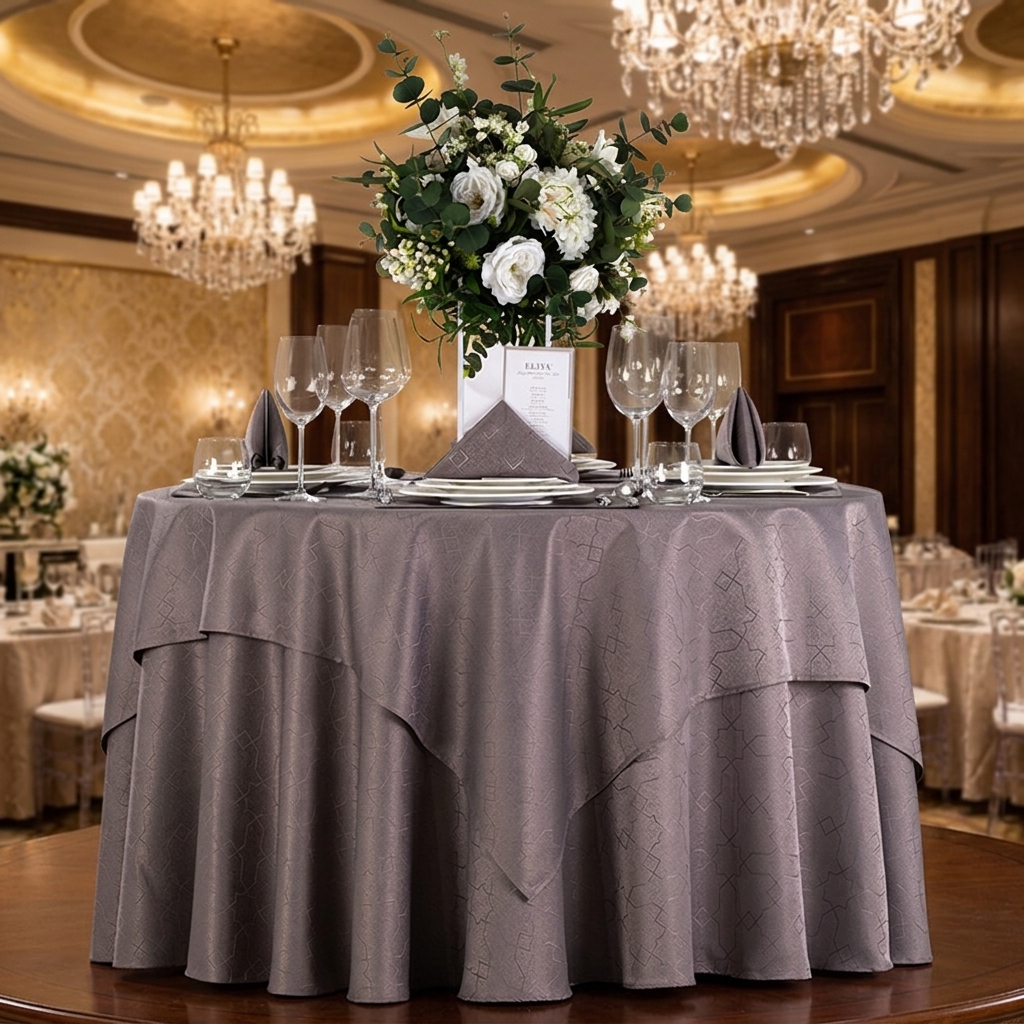 Elegant round mauve gray jacquard tablecloth styled with crystal wine glasses, folded linen napkins, and a white rose floral centerpiece in a luxury hotel ballroom