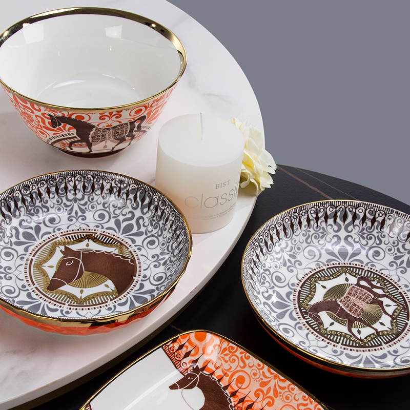 Galaxy Imperial Equestrian Orange Bone China Dinnerware Set – Premium Porcelain Plates, Soup Bowls, Spoons, and Chopsticks Collection - Image 42