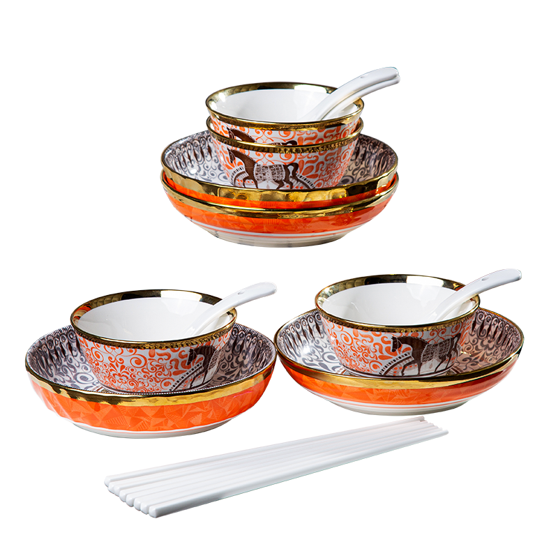 Galaxy Imperial Equestrian Orange Bone China Dinnerware Set – Premium Porcelain Plates, Soup Bowls, Spoons, and Chopsticks Collection - Image 2