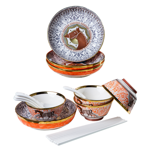 Galaxy luxury equestrian orange fine bone china dinnerware set with gold rims featuring plates, bowls, spoons, and chopsticks on a plain white background.