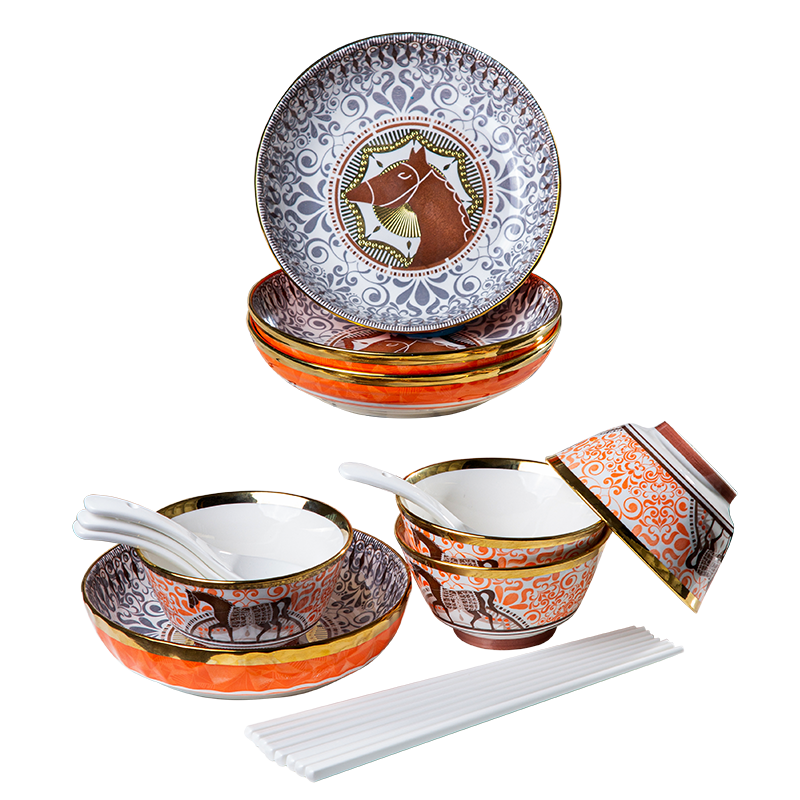 Galaxy luxury equestrian orange fine bone china dinnerware set with gold rims featuring plates, bowls, spoons, and chopsticks on a plain white background.