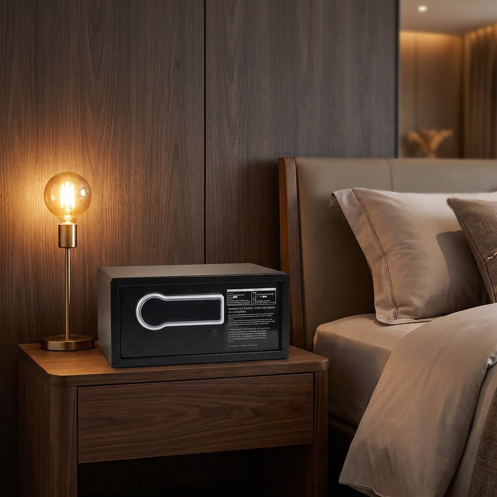Black hotel electronic in-room safe with LED handle and digital keypad placed on a wooden nightstand beside a gold globe lamp in a modern luxury hotel bedroom