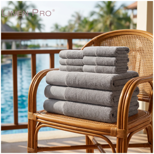 Linen Pro luxury grey cotton hotel towel set in multiple sizes stacked on a rattan chair on a tropical resort balcony overlooking a blue swimming pool with palm trees