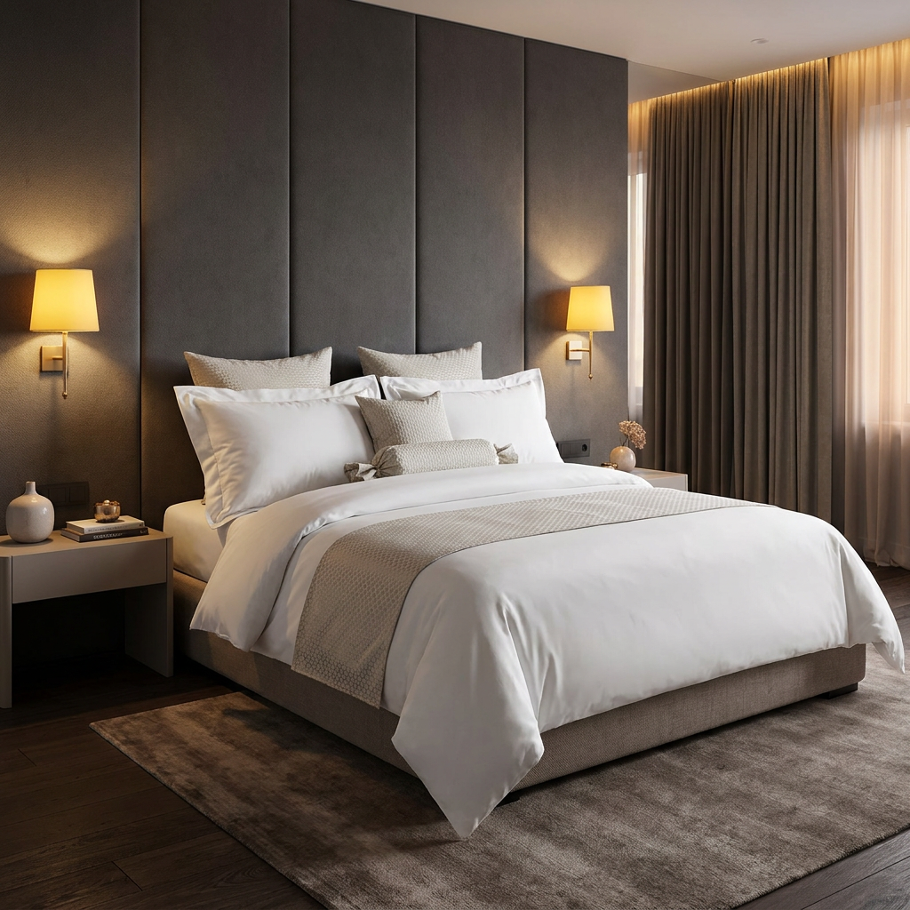 Luxury white hotel king bedding set with champagne textured bed runner and layered accent cushions styled on a king bed with grey panel upholstered headboard flanked by warm bedside lamps in a moody hotel suite