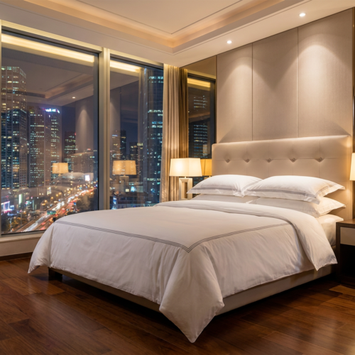 Luxury white hotel bedding set with grey border stitch detail on a king bed with beige tufted headboard in a high-rise luxury hotel suite with floor-to-ceiling city skyline night view