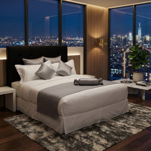 A luxury hotel king bed dressed in crisp white sheets with a satin silver-grey bed runner, matching throw pillows, and a bolster cushion against a night cityscape window view.