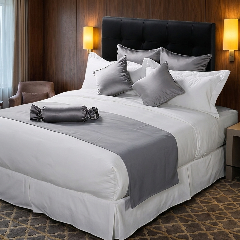 Luxury Satin Silver-Grey Hotel Bed Decorative Set – Premium Bed Runner, Embroidered Accent Cushion Cover, and Elegant Candy-Wrap Bolster Pillow Ensemble for Executive Suites - Image 2