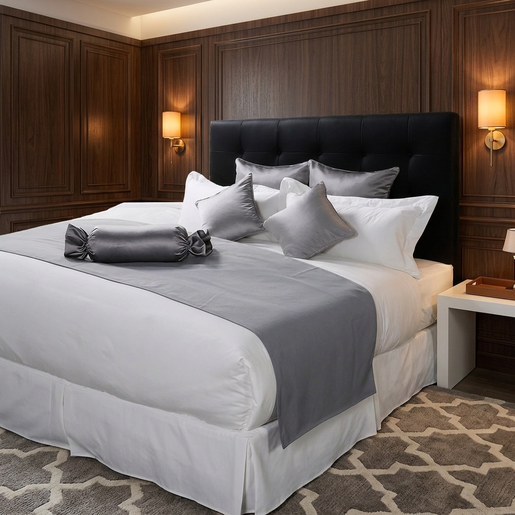Luxury Satin Silver-Grey Hotel Bed Decorative Set – Premium Bed Runner, Embroidered Accent Cushion Cover, and Elegant Candy-Wrap Bolster Pillow Ensemble for Executive Suites - Image 3