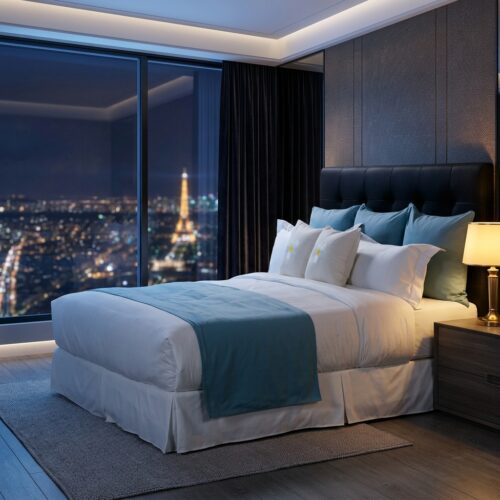 A luxury high-rise hotel king bed dressed in crisp white sheets with a teal blue bed runner, matching euro shams, and white floral daisy embroidered accent pillows against a Paris city night view.