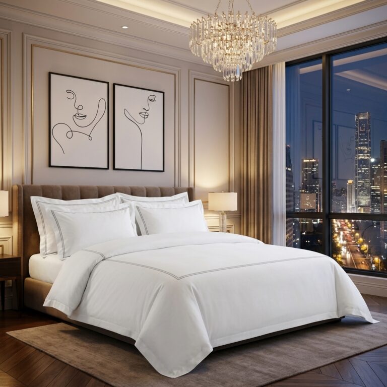 A luxury high-rise hotel king bed dressed in a white bedding set with grey double-line embroidery detail against a night city skyline backdrop.