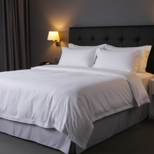 A fully made luxury hotel king bed with white satin stripe duvet covers, stacked white striped pillows, and a tailored greyish-white bed skirt.