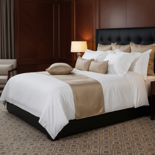 A luxury hotel king bed dressed in crisp white linens, featuring a champagne gold bed runner and matching gold accent cushions against a tufted black headboard.