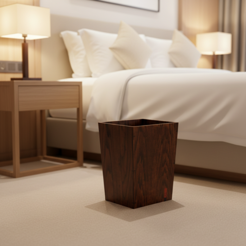 A tapered dark wooden waste basket sitting on a beige carpeted floor next to a hotel bedside nightstand.
