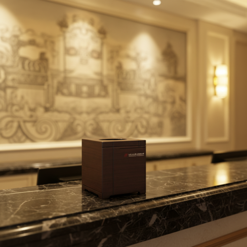 A square dark wooden tissue box cover sitting on a black marble front desk counter.