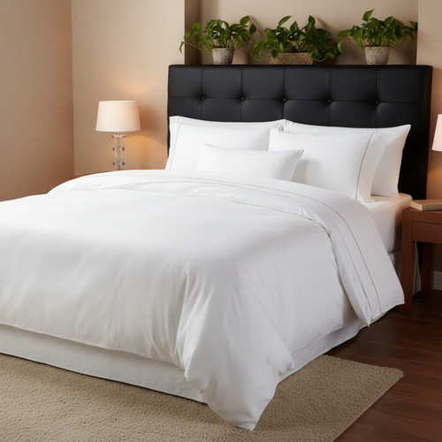 A fully made luxury hotel king bed dressed in crisp white micro stripe linens with stacked white pillows and a black tufted headboard.