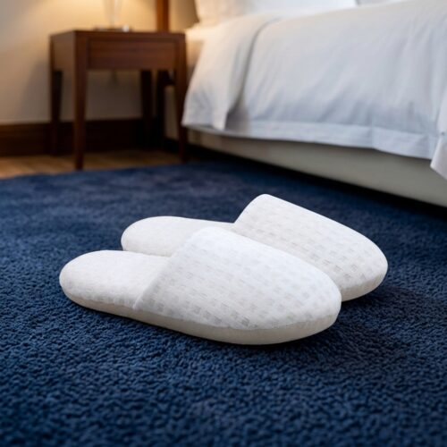 A pair of plush white closed-toe hotel slippers with a textured waffle pattern resting on a thick navy blue bedroom rug.