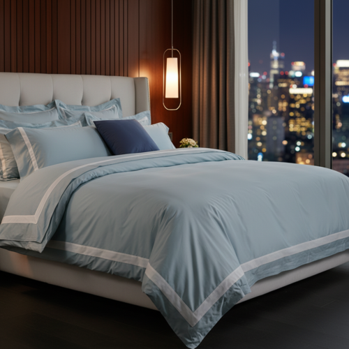 A luxury hotel king bed dressed in serene light blue linens with a white wide-border duvet cover and a tufted white headboard against a night cityscape window view.