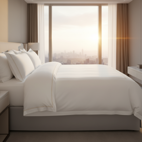 A luxury hotel king bed dressed in crisp off-white linens with a thin gold embroidered line duvet cover against a sunrise city skyline window view.