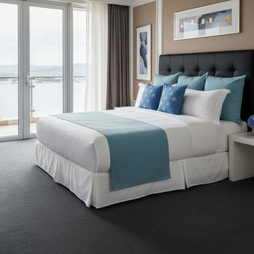 A luxury hotel king bed dressed in white sheets with a teal blue bed runner and matching decorative throw pillows against a coastal ocean view window.