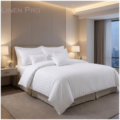 A luxury high-rise hotel king bed dressed in a white satin stripe bedding set with multiple layered pillows and a tan bed skirt against a neutral paneled wall.