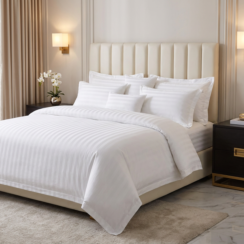 Luxury white satin stripe hotel bedding set with layered euro shams and pillow cases on a king bed with a tall cream fluted upholstered headboard beside a dark brass nightstand and warm wall sconce in an elegant hotel suite