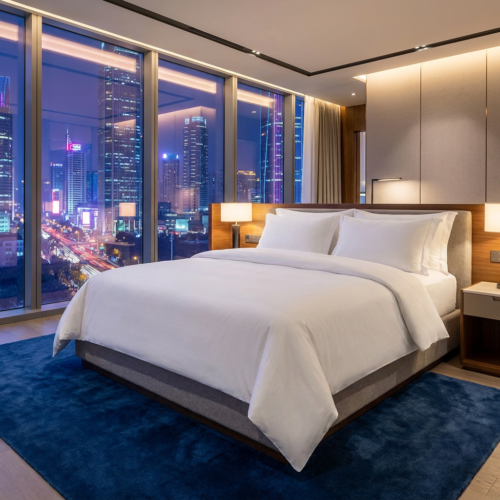 A luxury penthouse hotel suite bed dressed in pure white sateen linens over a deep blue plush rug with floor-to-ceiling city skyline views at night.