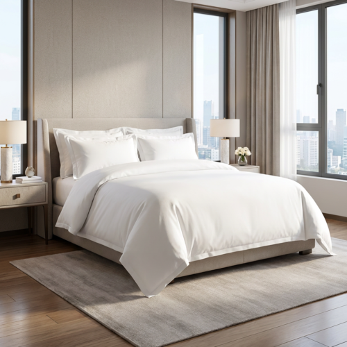 A luxury contemporary hotel king bed dressed in an immaculate white sateen bedding set with wide-flange Oxford pillowcases against a plush beige wingback headboard.