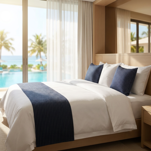 A luxury tropical resort bed dressed in ivory striped linens with an indigo bed runner and matching textured accent cushions overlooking an outdoor pool and ocean view.