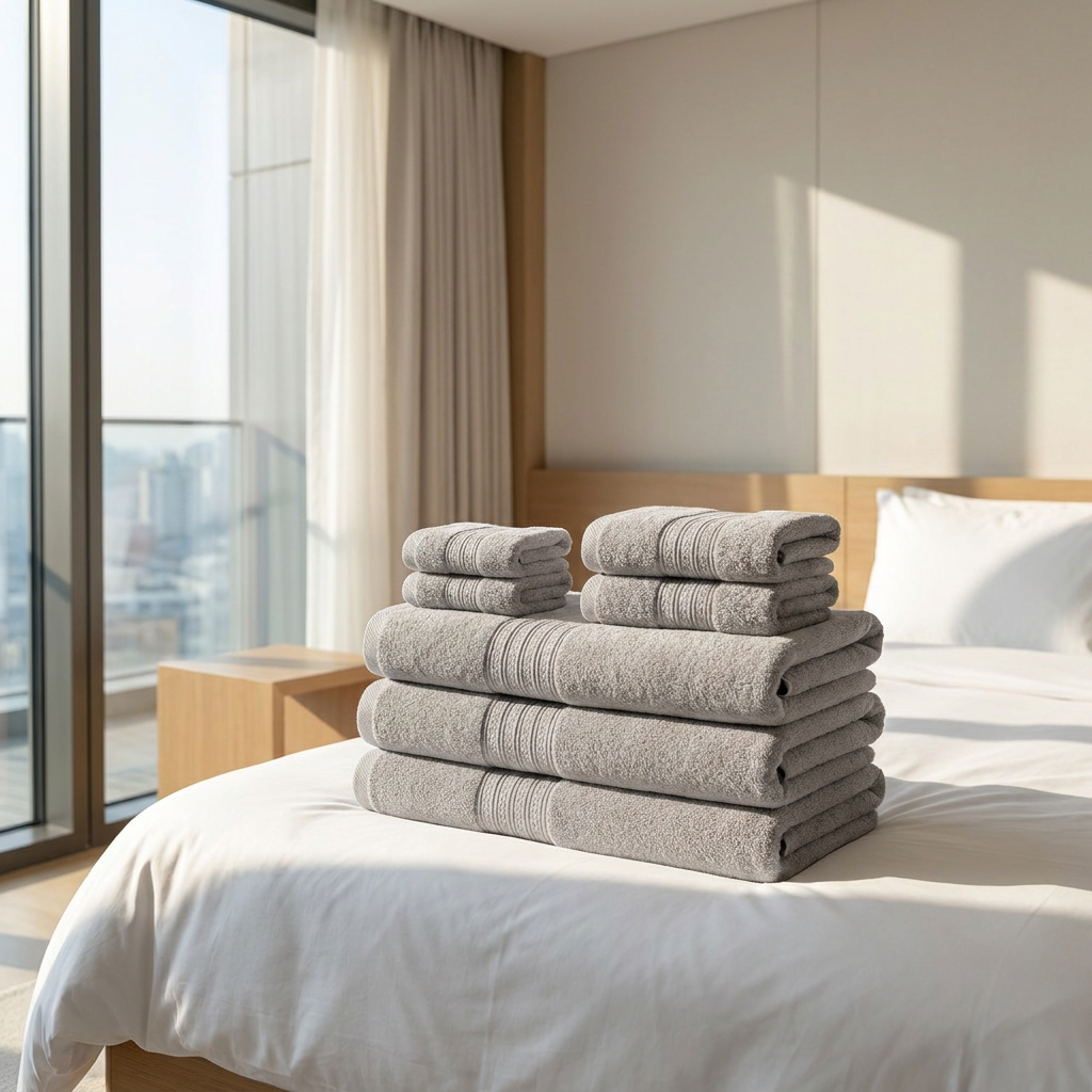 A neat pyramid stack of plush silver grey resort towels arranged on a white duvet cover inside a sunlit hotel bedroom.