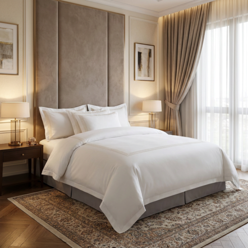 A luxury hospitality king bed styled with embroidered ivory sateen sheets, matching wide-bordered pillow shams, and a taupe bed skirt on a classical patterned rug.