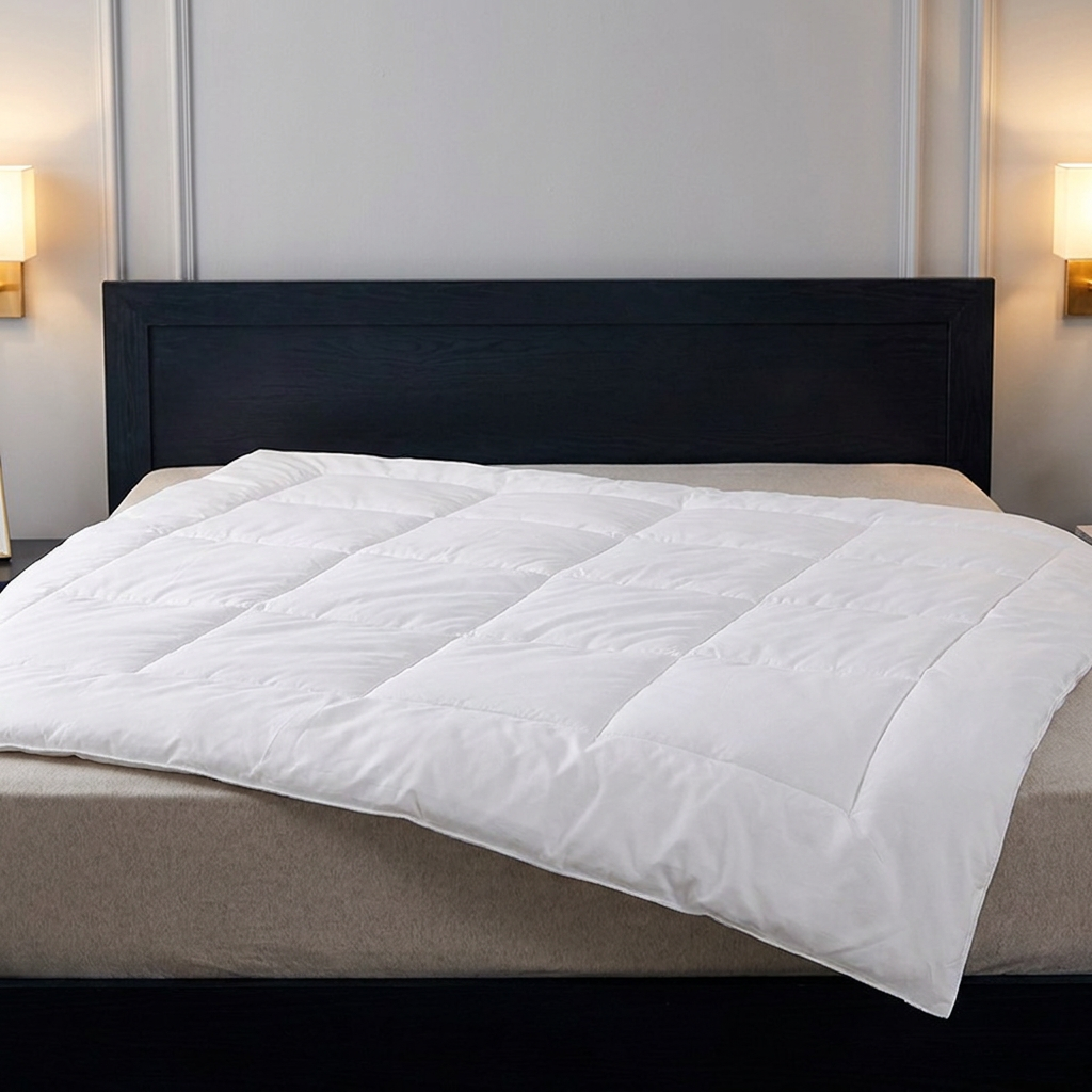 A premium white box-stitch hotel duvet insert spread across a tan mattress foundation with a dark wood headboard wall background.