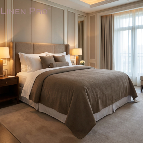 Luxury mocha brown velvet hotel bedspread set with white duvet cover, white bed skirt and matching brown accent cushions on a king bed with beige upholstered headboard and warm bedside lamps in an elegant hotel suite