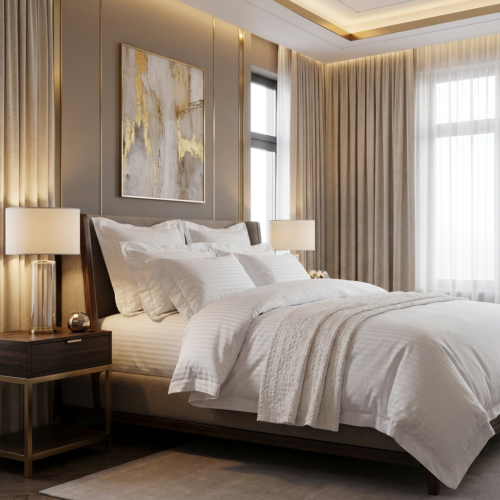 A luxury neoclassical hotel king bed dressed in crisp white satin stripe sheets with an ivory ribbed bed throw against a warm beige paneled wall.