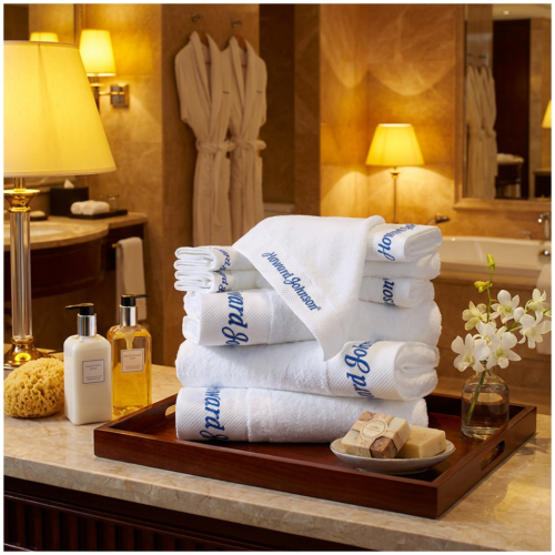 A stack of premium white hotel towels embroidered with elegant blue script lettering presented on a dark wood vanity tray.