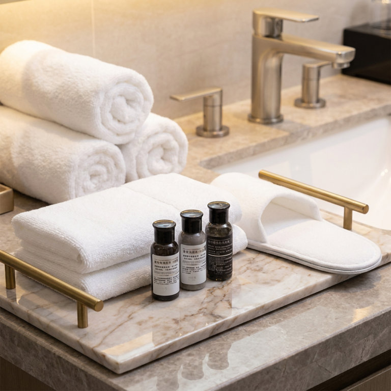 A luxury white marble hotel vanity tray with gold handles holding folded cotton towels, slippers, and three mini cosmetic bottles.