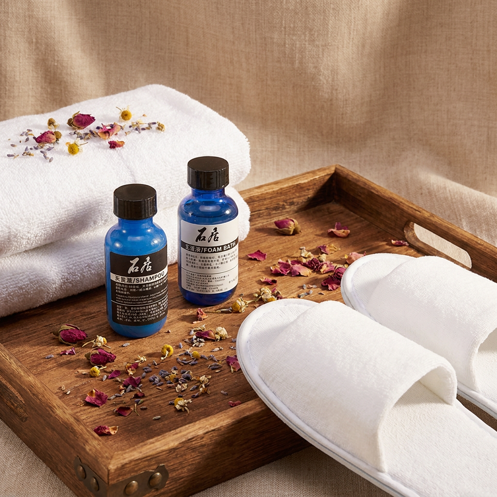 Galaxy Premium Eco-Friendly Hotel Guest Welcome Suite – Luxury White Terry Towel, Open-Toe Slipper, and Blue Bottle Mini Toiletry Tray Set for Boutique Resorts - Image 3