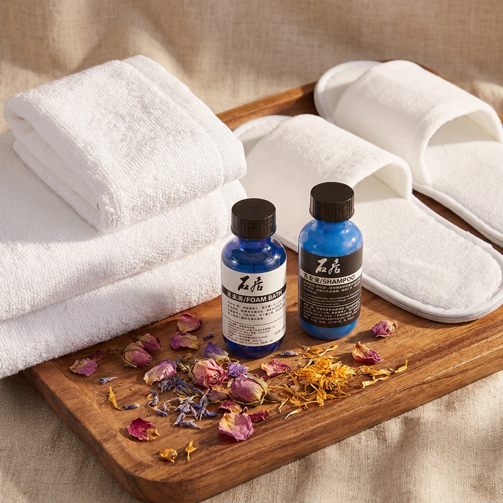 Galaxy Premium Eco-Friendly Hotel Guest Welcome Suite – Luxury White Terry Towel, Open-Toe Slipper, and Blue Bottle Mini Toiletry Tray Set for Boutique Resorts - Image 4